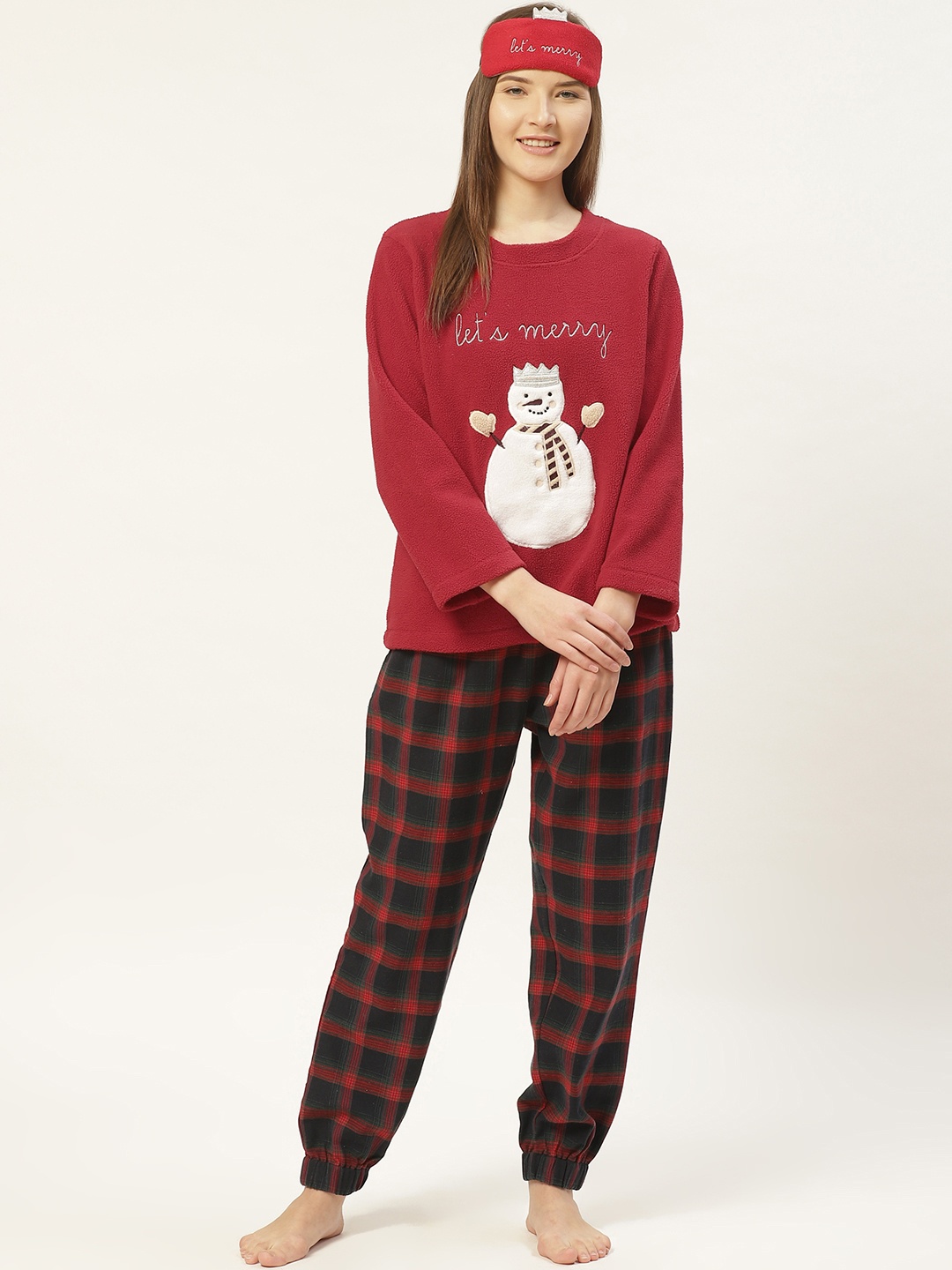 

LILL Women Red & Brown Snowman Pattern Fleece Winter Night Suit with Eye Mask