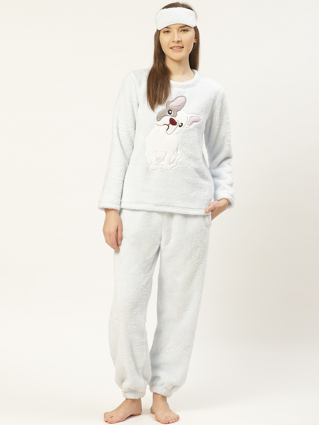 

LILL Women Blue Dog Pattern Fleece Winter Night Suit with Eye Mask