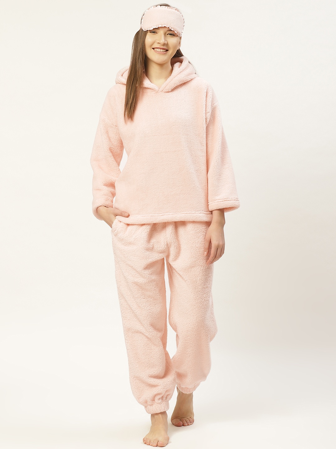 

LILL Women Peach-Coloured Solid Fleece Hooded Winter Night Suit with Eye Mask