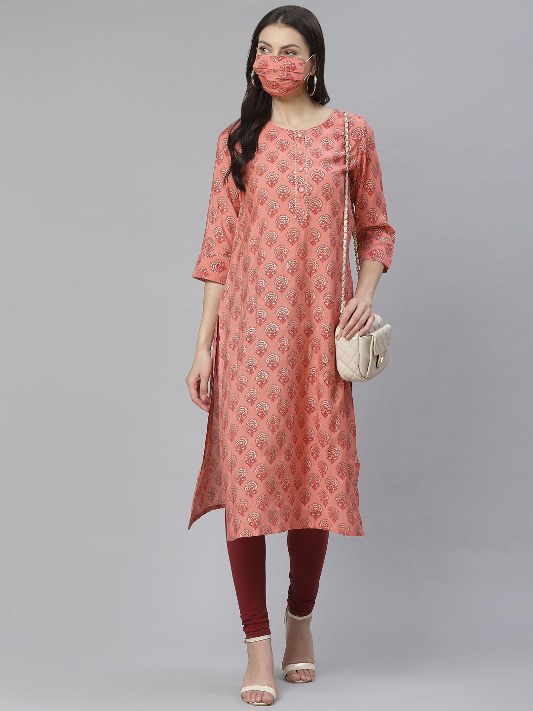 

Cayman Women Peach-Coloured & Grey Printed Straight Kurta