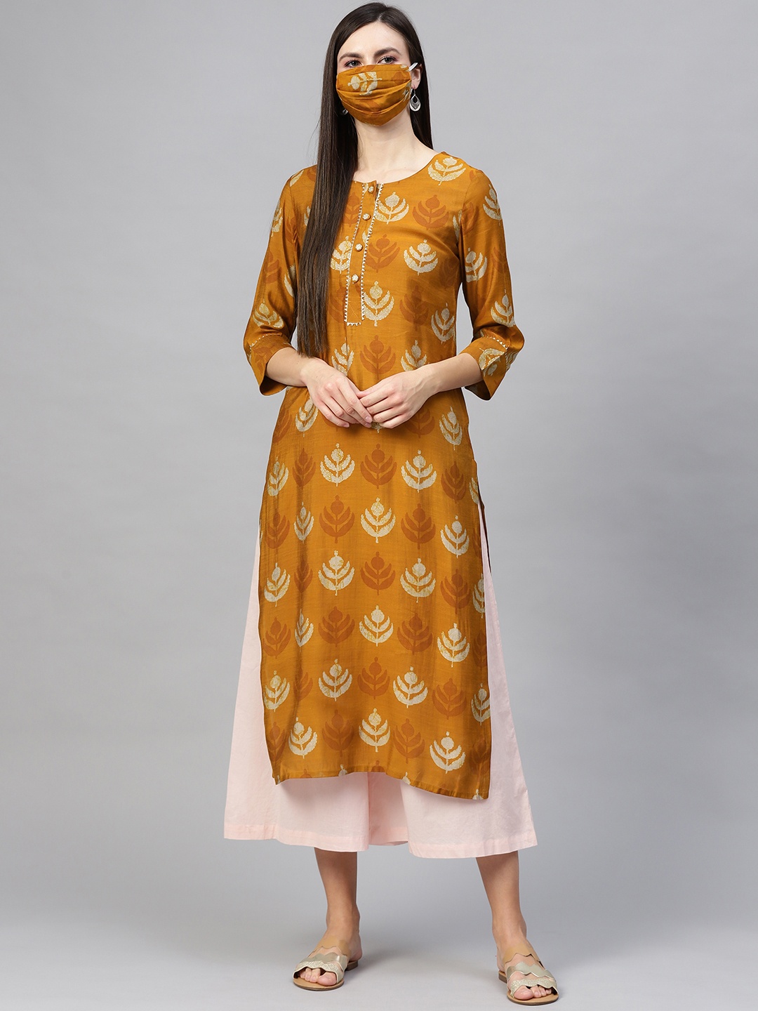 

Cayman Women Mustard Yellow Pink Printed Kurta with Palazzos