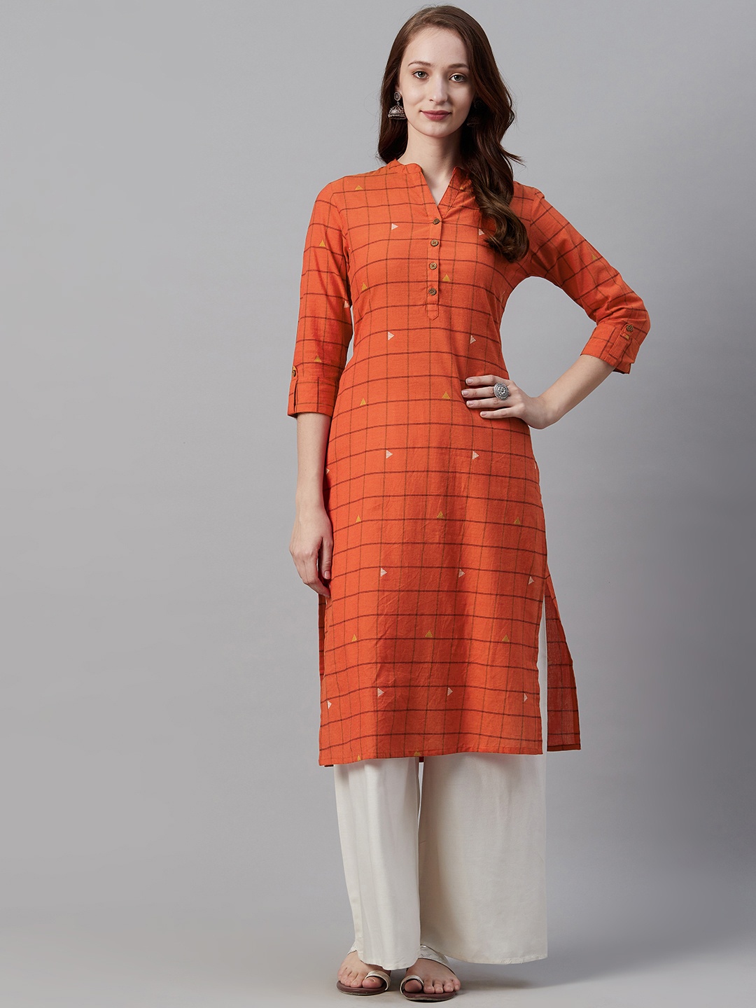 

Cayman Women Red Checked Straight Kurta