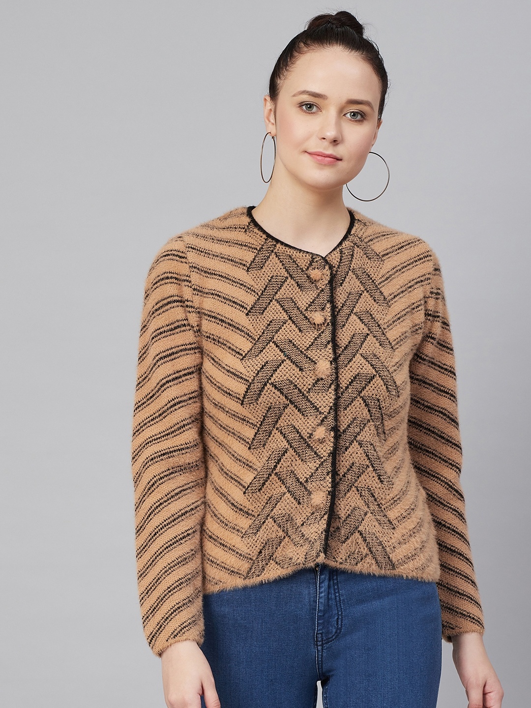 

Cayman Women Beige & Black Self Design Cardigan