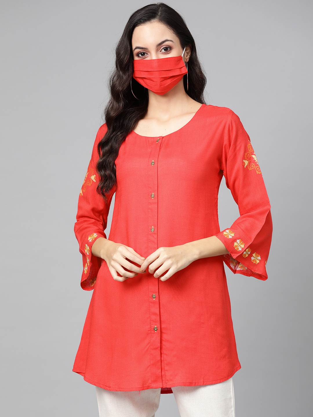 

Cayman Women Coral Red Solid Pure Cotton A-Line Kurti With Matching Mask