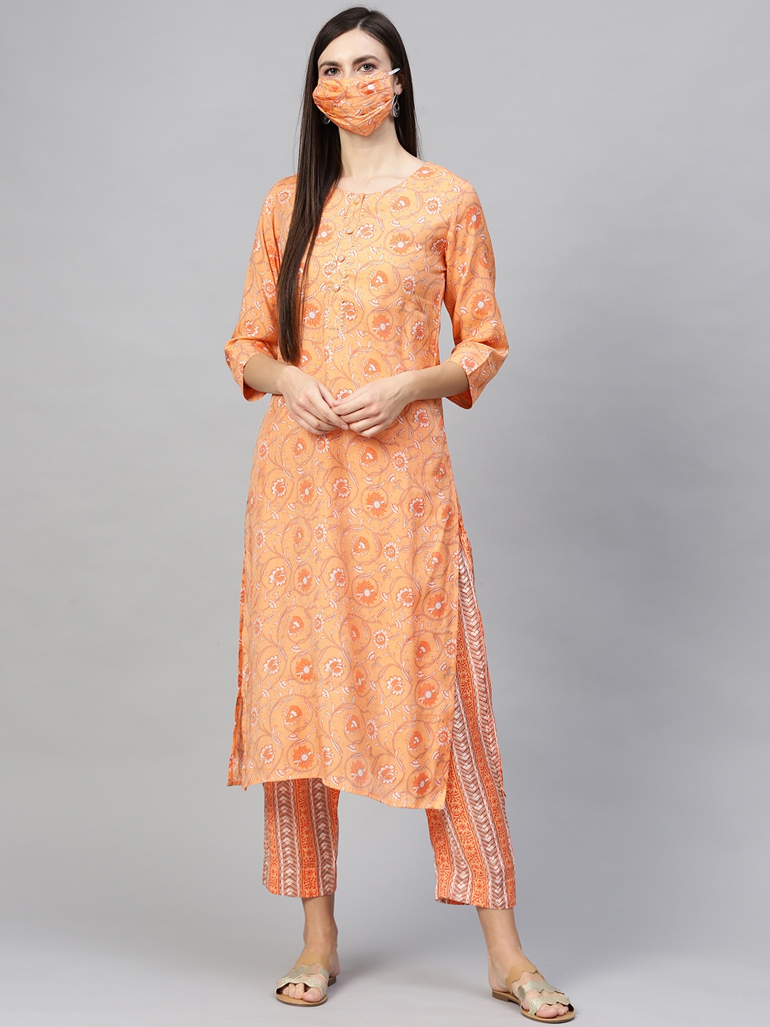 

Cayman Women Orange Grey Printed Kurta with Trousers