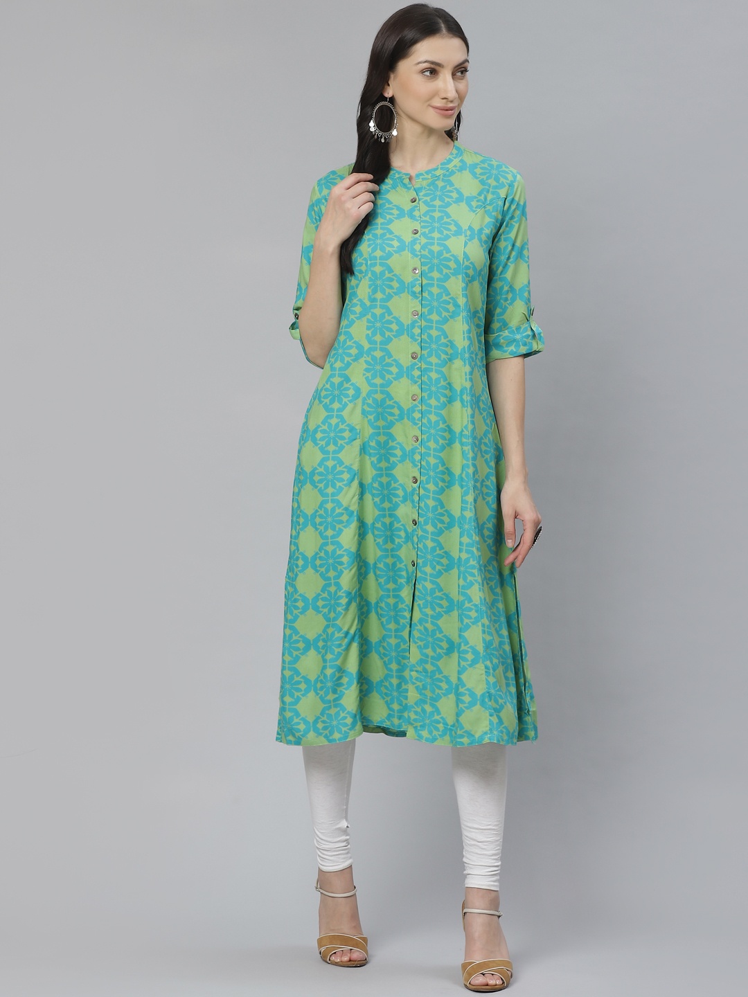 

Cayman Women Green & Blue Printed A-Line Kurta