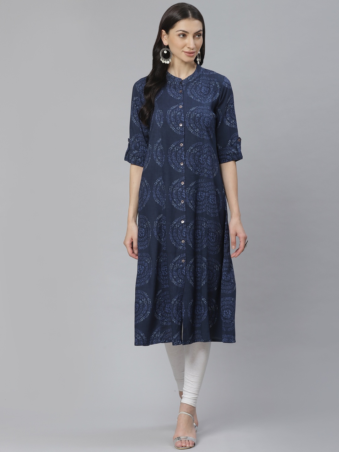 

Cayman Women Navy Blue & White Printed A-Line Kurta