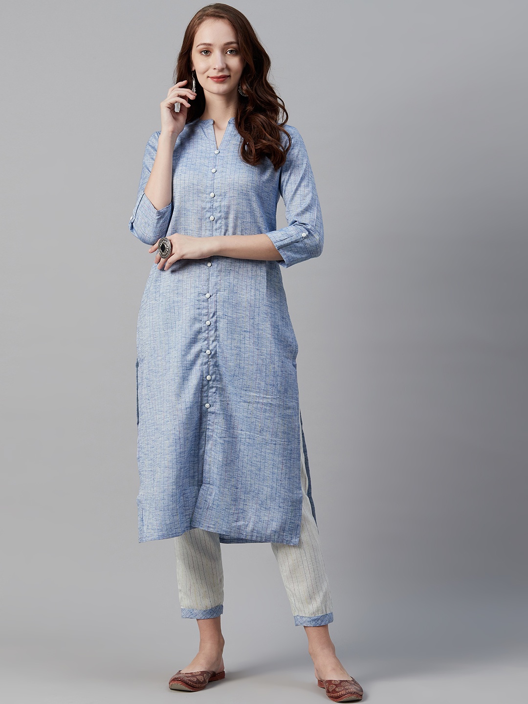 

Cayman Women Blue & Off-White Striped Kurta with Trousers