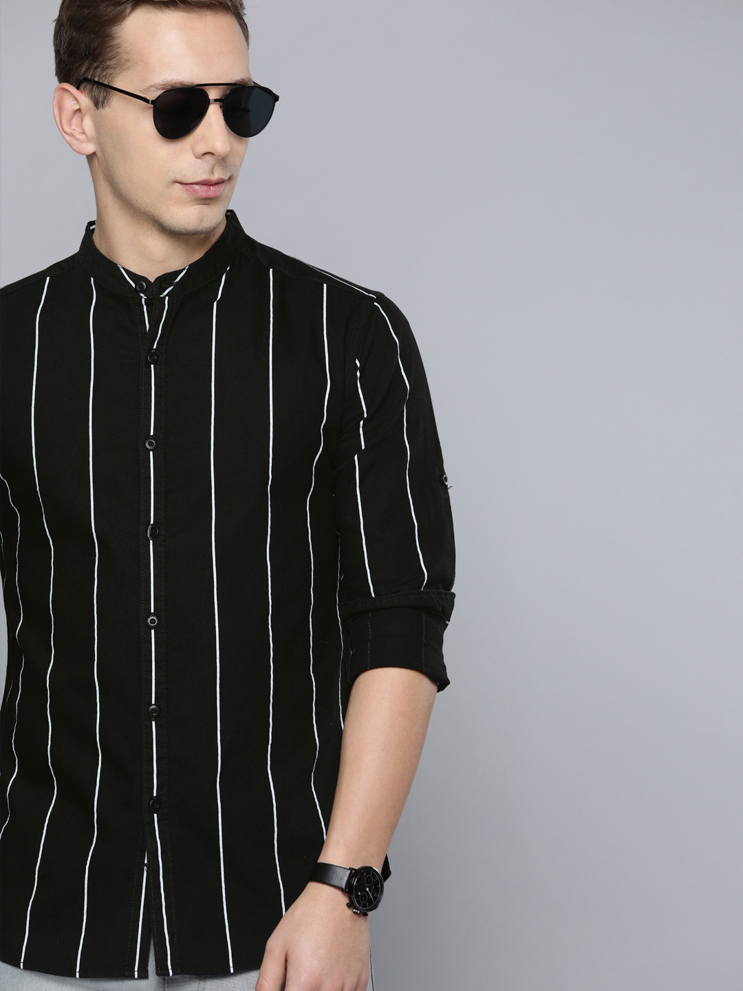 

HERE&NOW Men Black & White Slim Fit Striped Casual Shirt