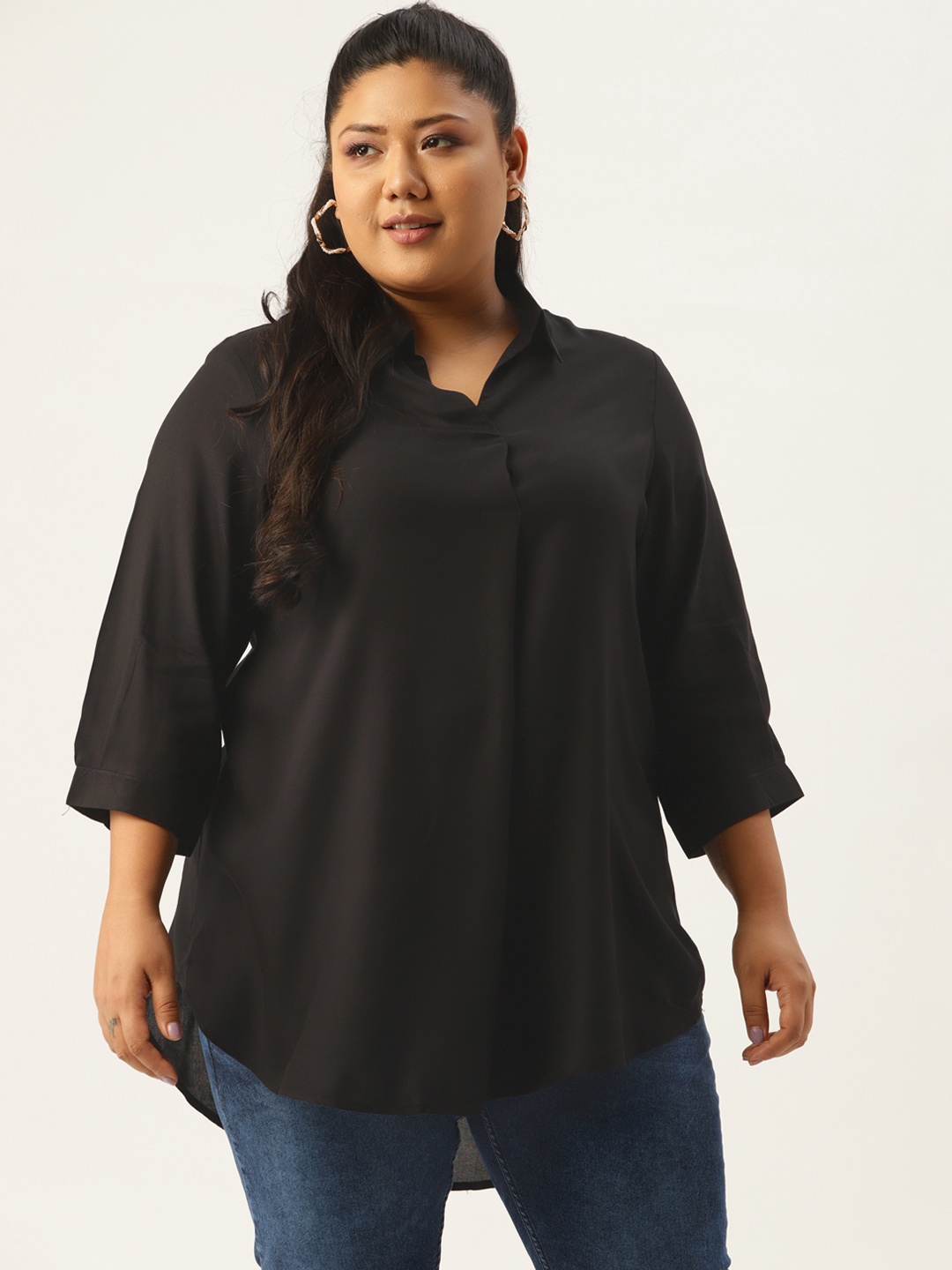 

Amydus Women Plus Size Black Solid Shirt Style Top