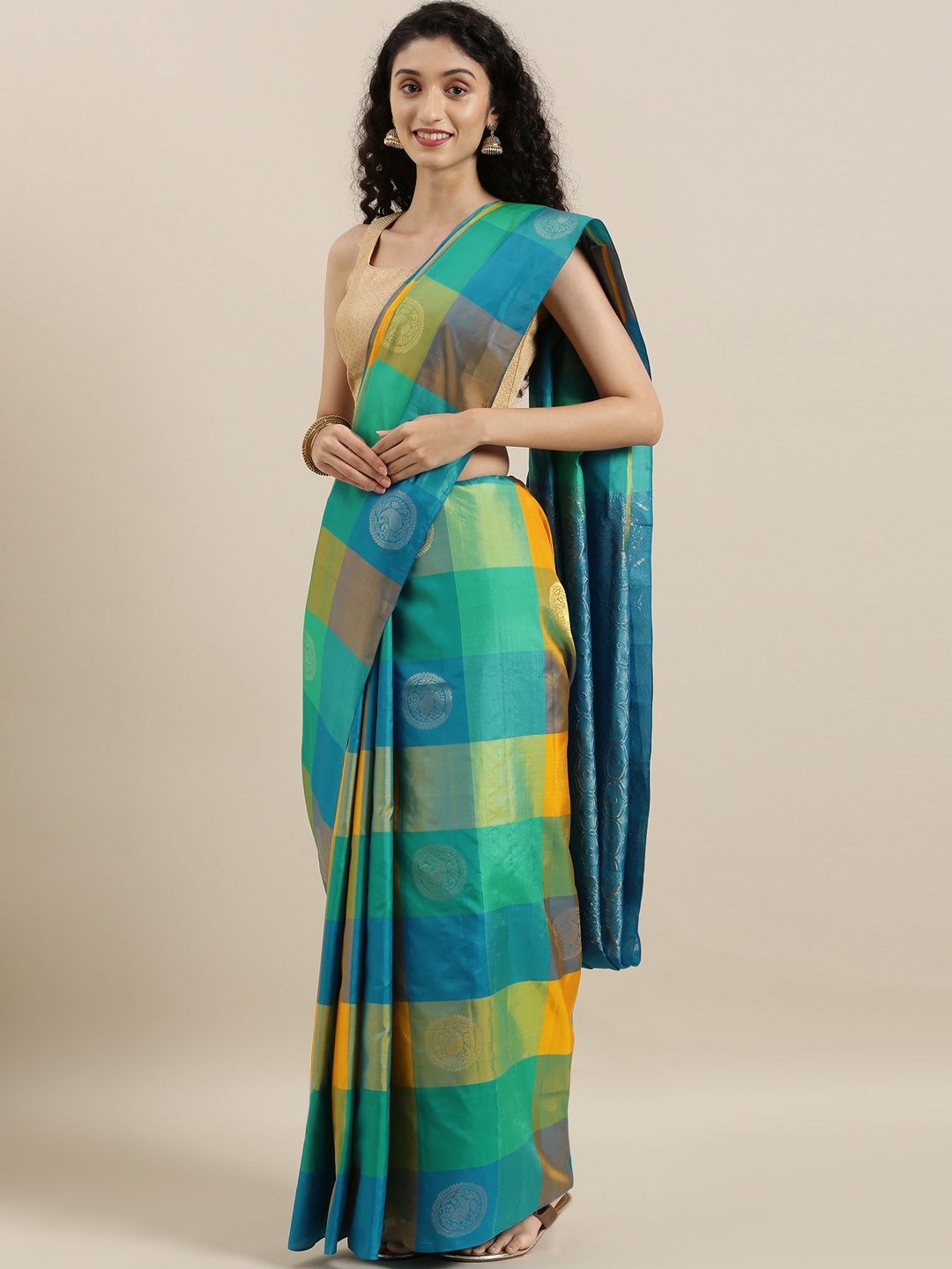 

The Chennai Silks Blue & Yellow Pure Silk Checked Kanjeevaram Saree