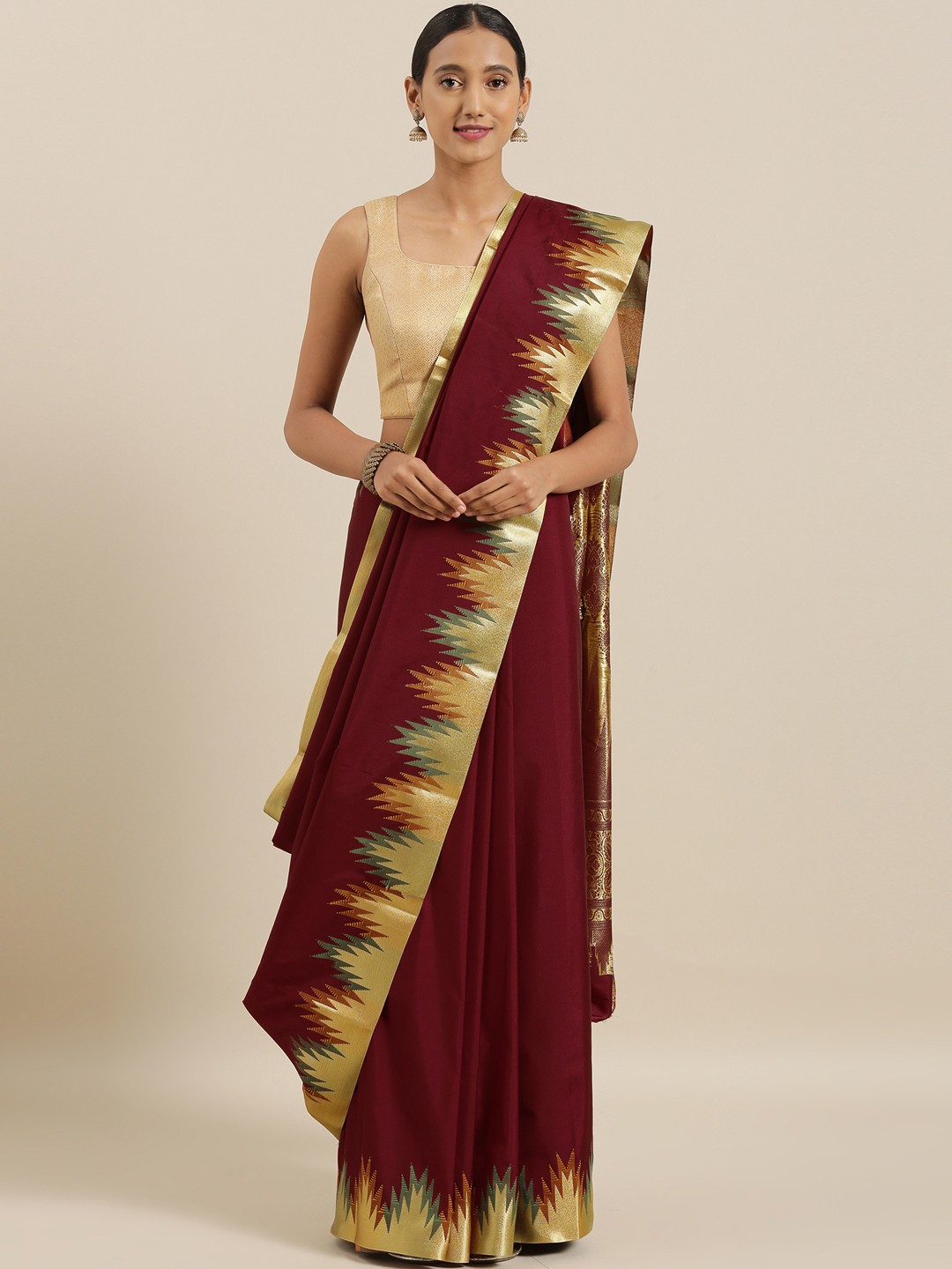 

The Chennai Silks Maroon & Gold-Toned Art Silk Solid Saree
