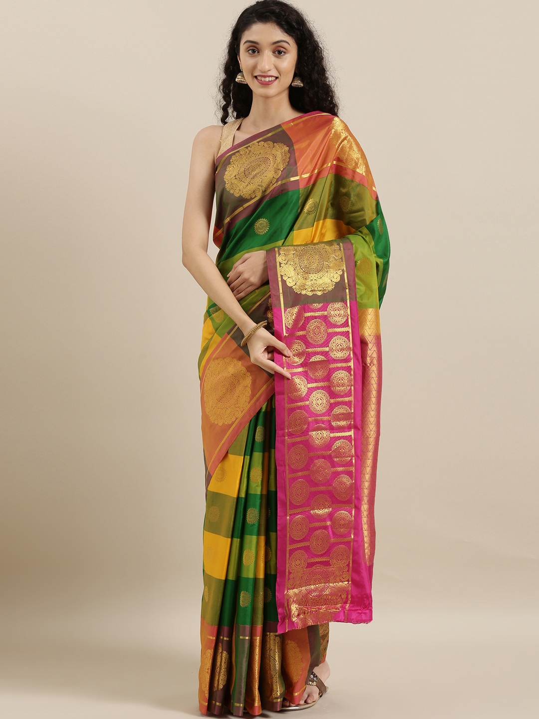 

The Chennai Silks Classicate Green & Yellow Pure Silk Checked Kanjeevaram Saree