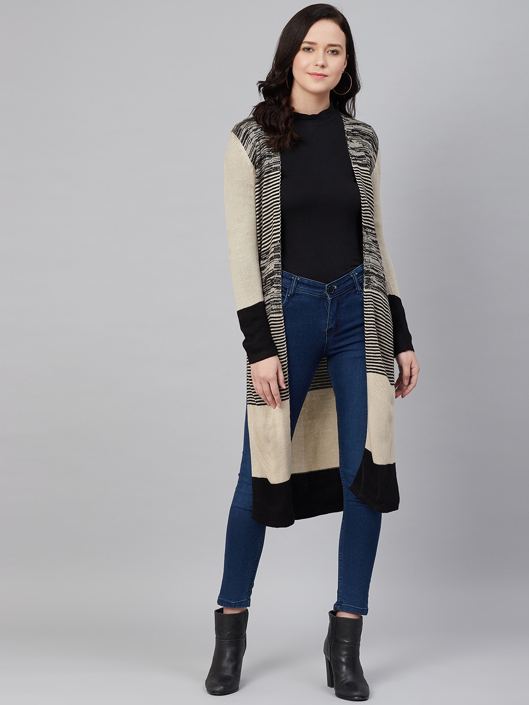 

Cayman Women Beige & Black Striped Longline Front-Open Acrylic Sweater