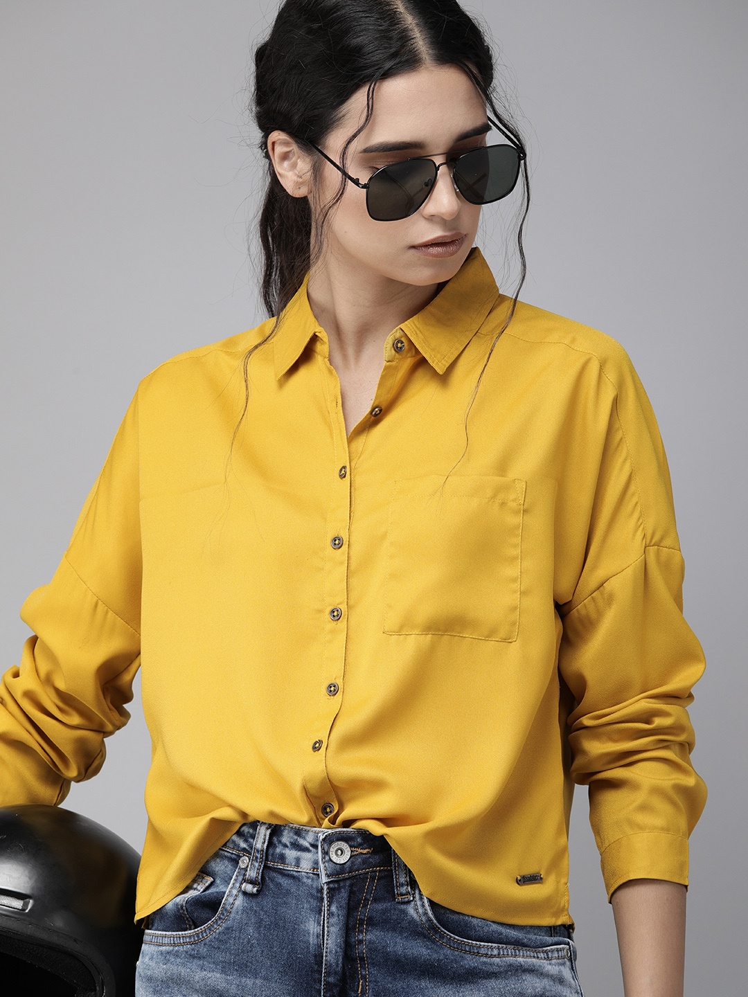 

Roadster Women Mustard Yellow Regular Fit Solid Casual Shirt