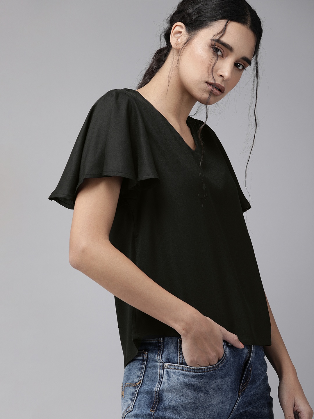 

Roadster Black Flutter Sleeves Sustainable Recycled Poly Regular Top