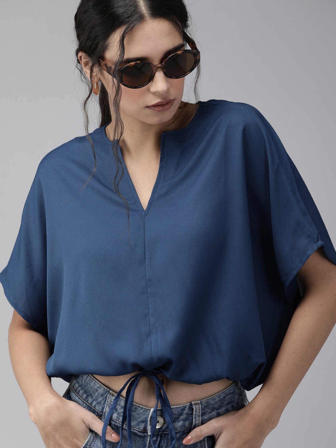 

Roadster Navy Blue Waist Tie-Up Sustainable Recycled Poly Blouson Crop Top