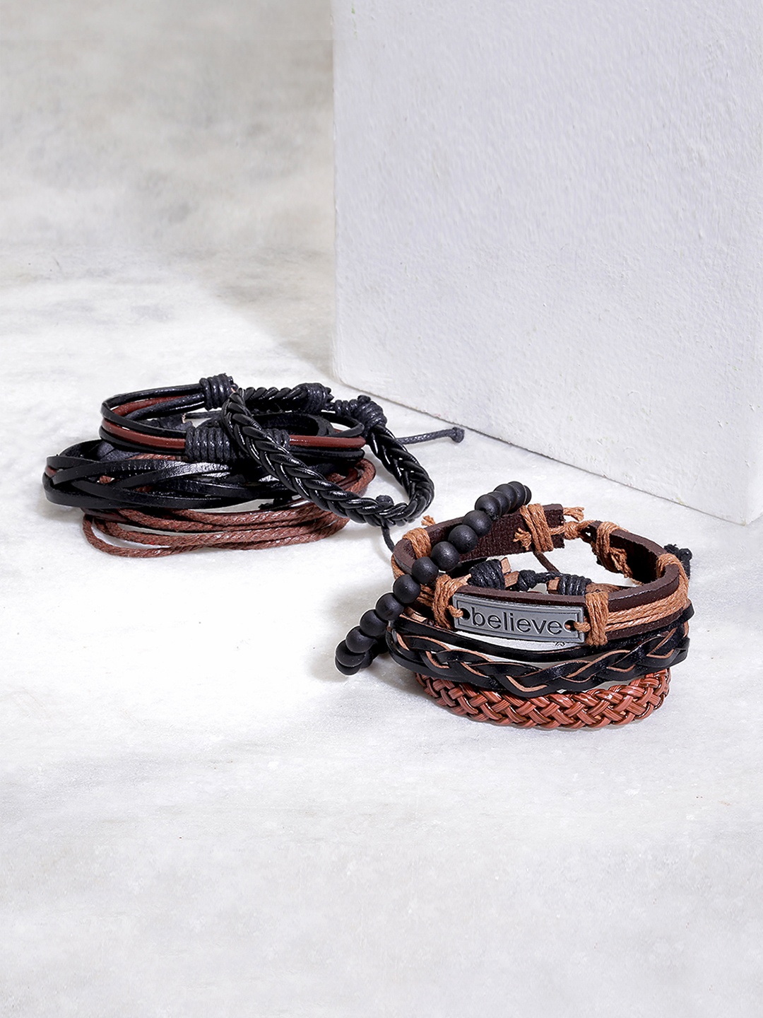 

Yellow Chimes Black & Brown 8 Pcs Multistrand Leather Bracelet