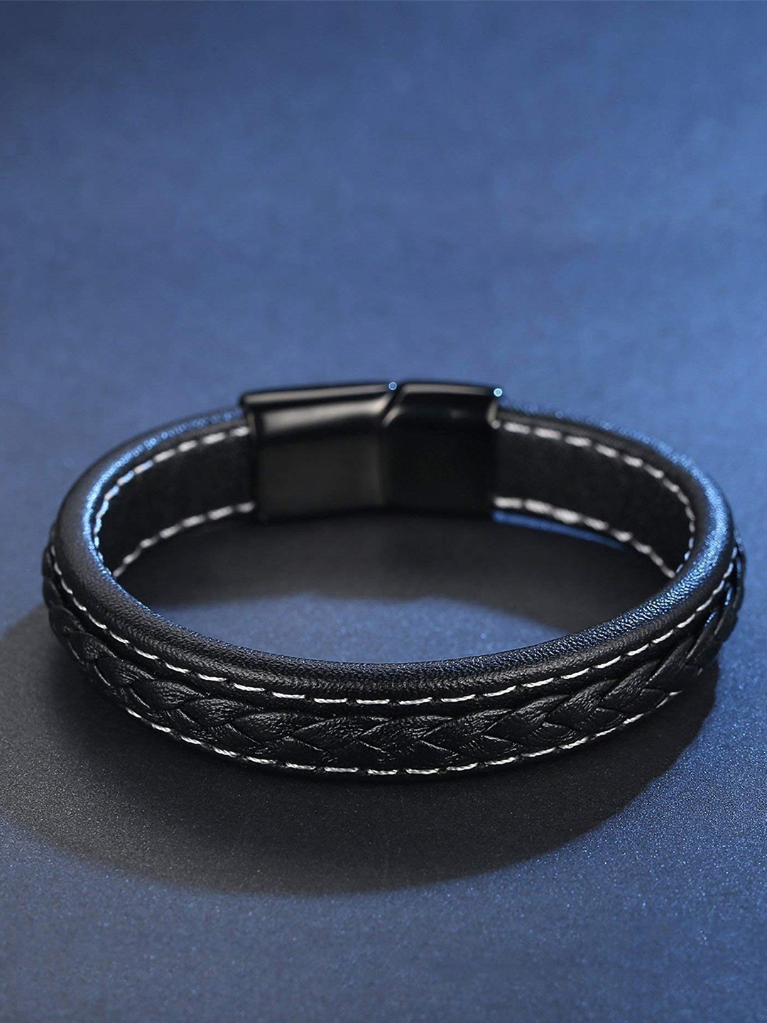 

Yellow Chimes Men Black Leather Wraparound Bracelet