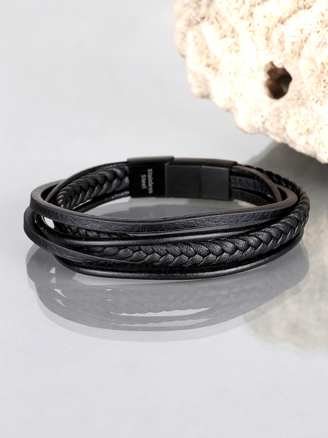 

Yellow Chimes Men Black Leather Wraparound Bracelet