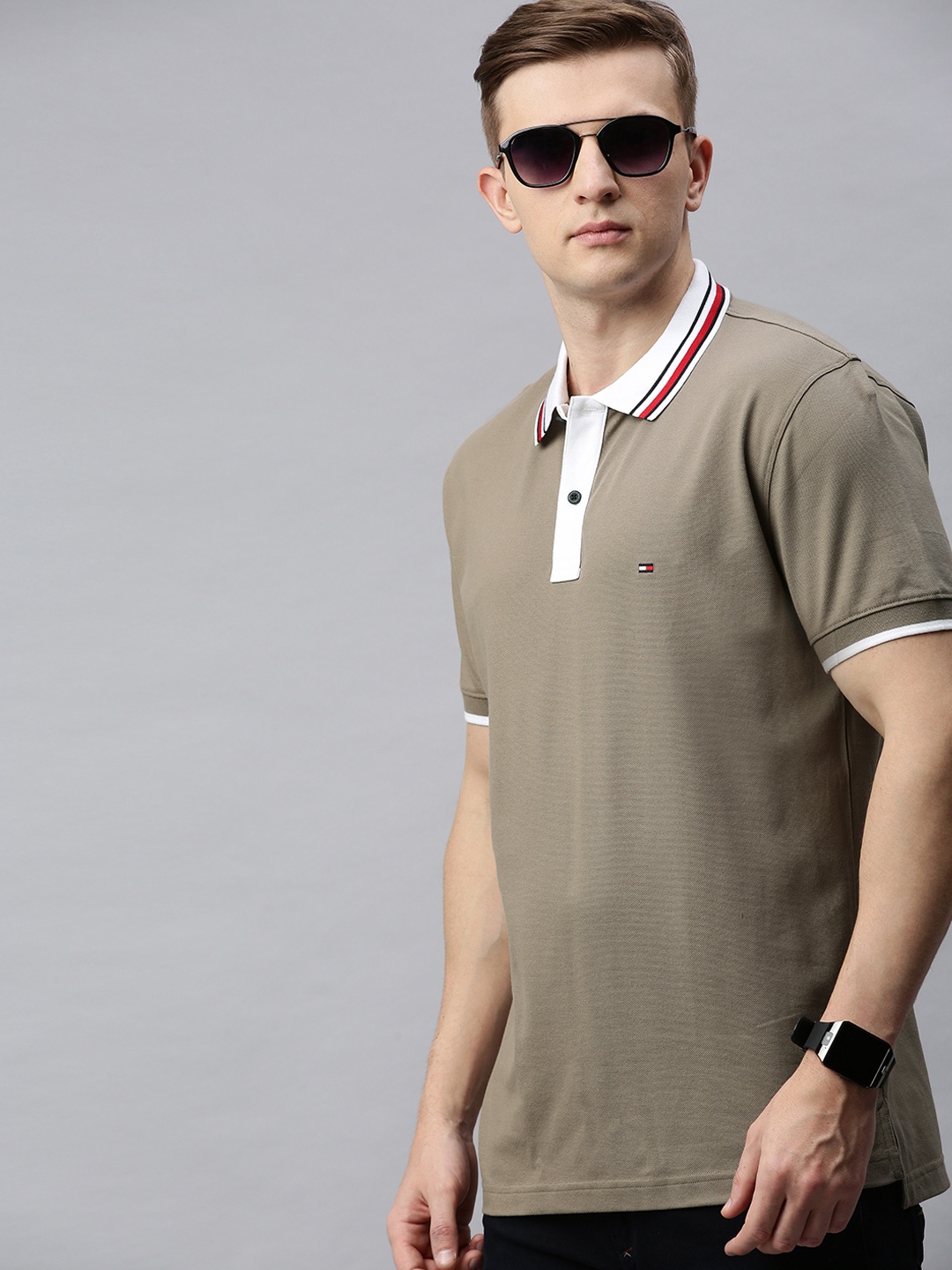 

Tommy Hilfiger Men Taupe Solid Contrast Polo Collar Pure Cotton T-shirt