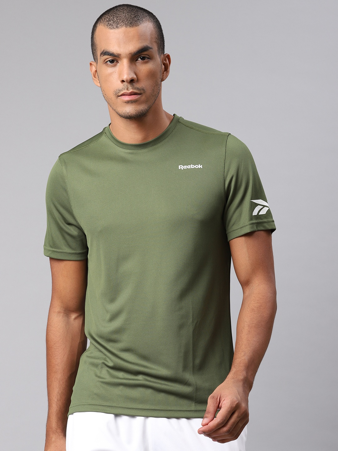 

Reebok Men Olive Green Foundation Mesh Solid Round Neck Training T-shirt