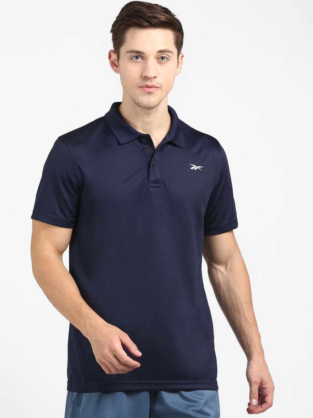 

Reebok Men Navy Blue Textured Training Power Mesh Polo Tee