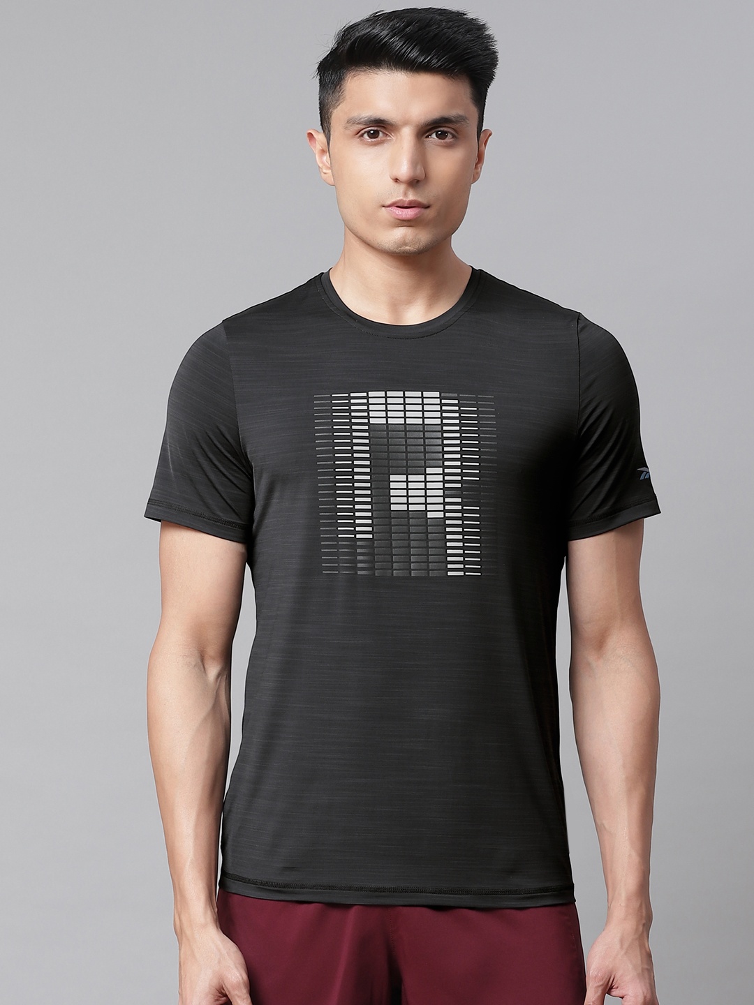 

Reebok Men Black & Grey Printed Run Activchill Slim Fit Graphic T-shirt