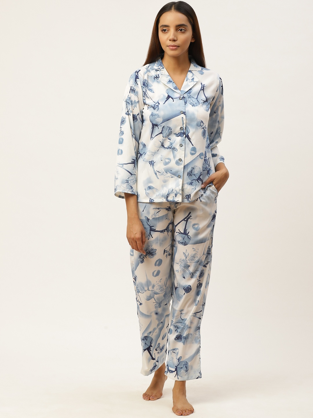 

Cottinfab Women Blue & White Floral Print Night Suit