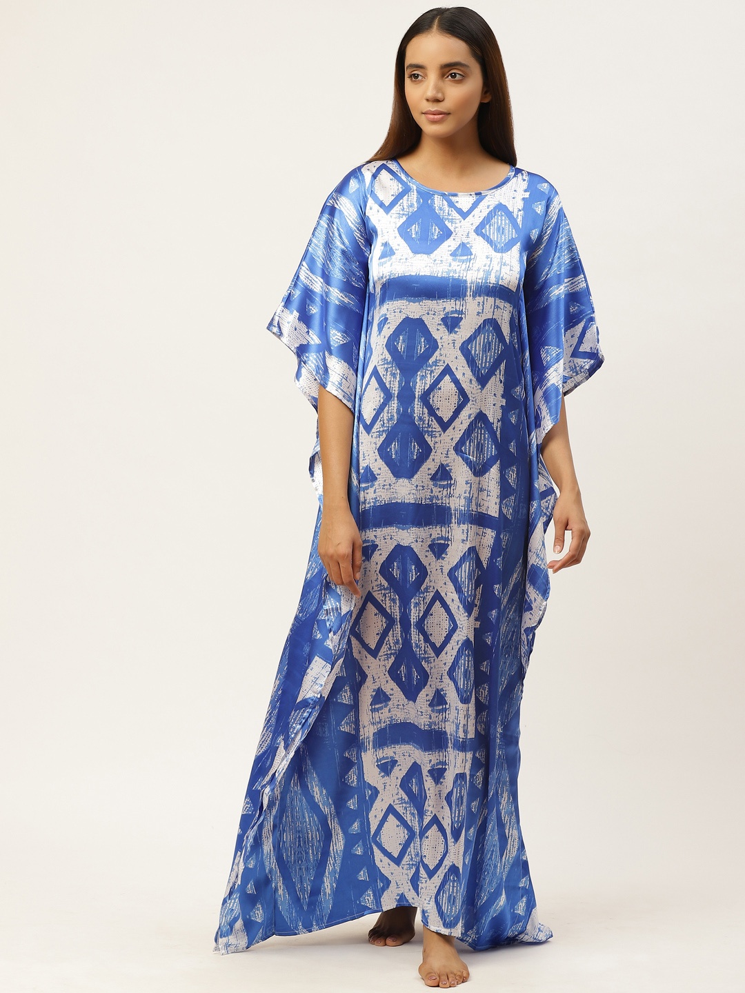 

Cottinfab Blue & White Geometric Print Kaftan Maxi Nightdress