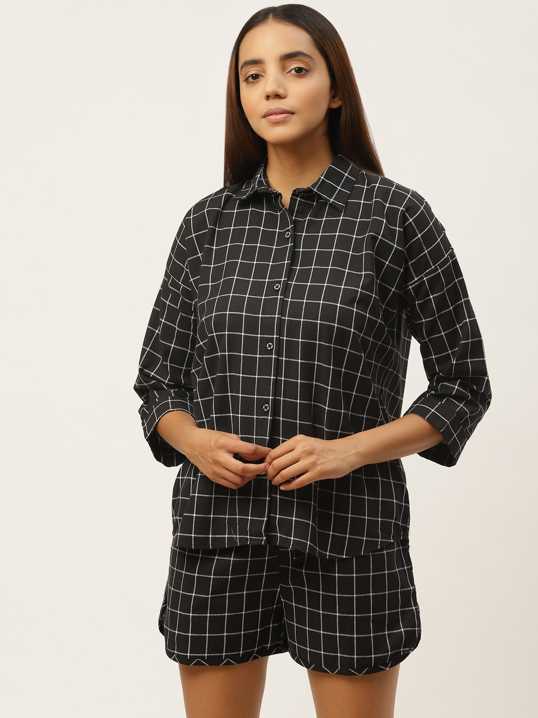 

Cottinfab Women Black & White Checked Night Suit