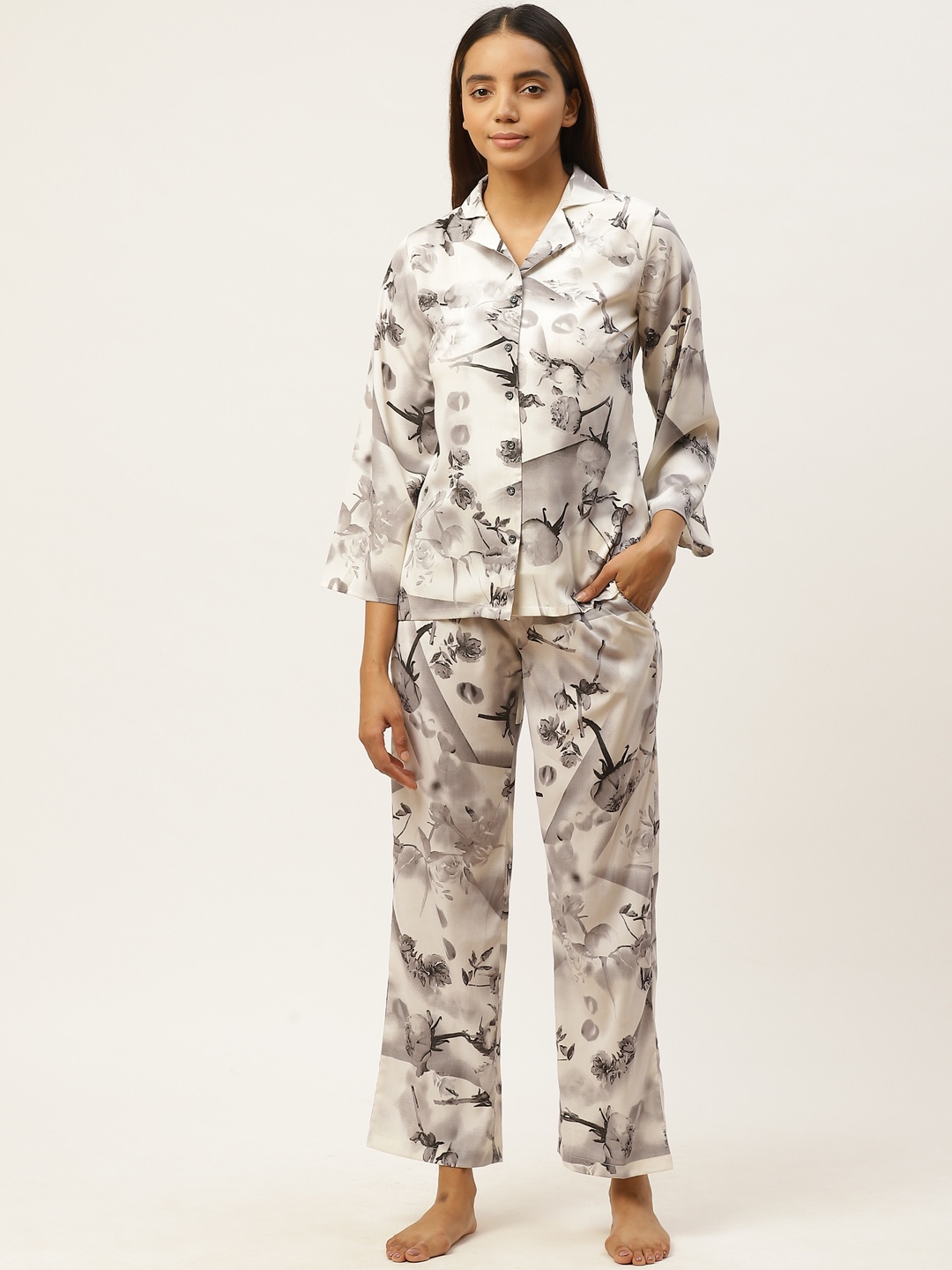 

Cottinfab Women Off-White & Grey Floral Print Night Suit