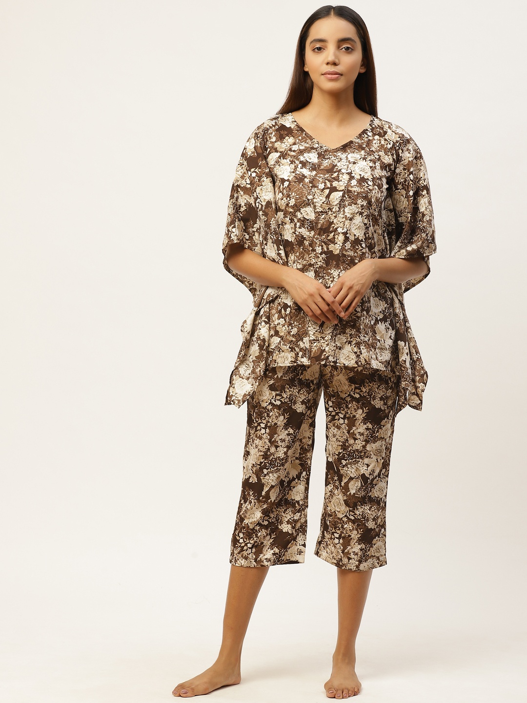 

Cottinfab Women Brown & White Floral Print Kaftan Night Suit