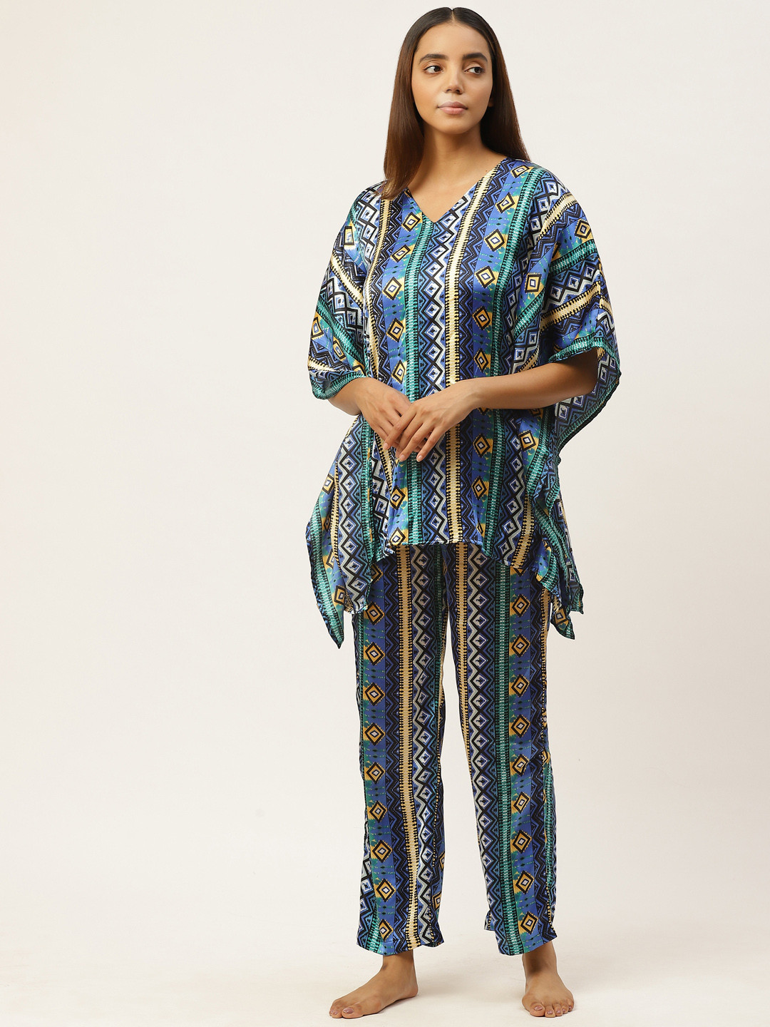 

Cottinfab Women Blue & Beige Geometric Print Satin Night Suit