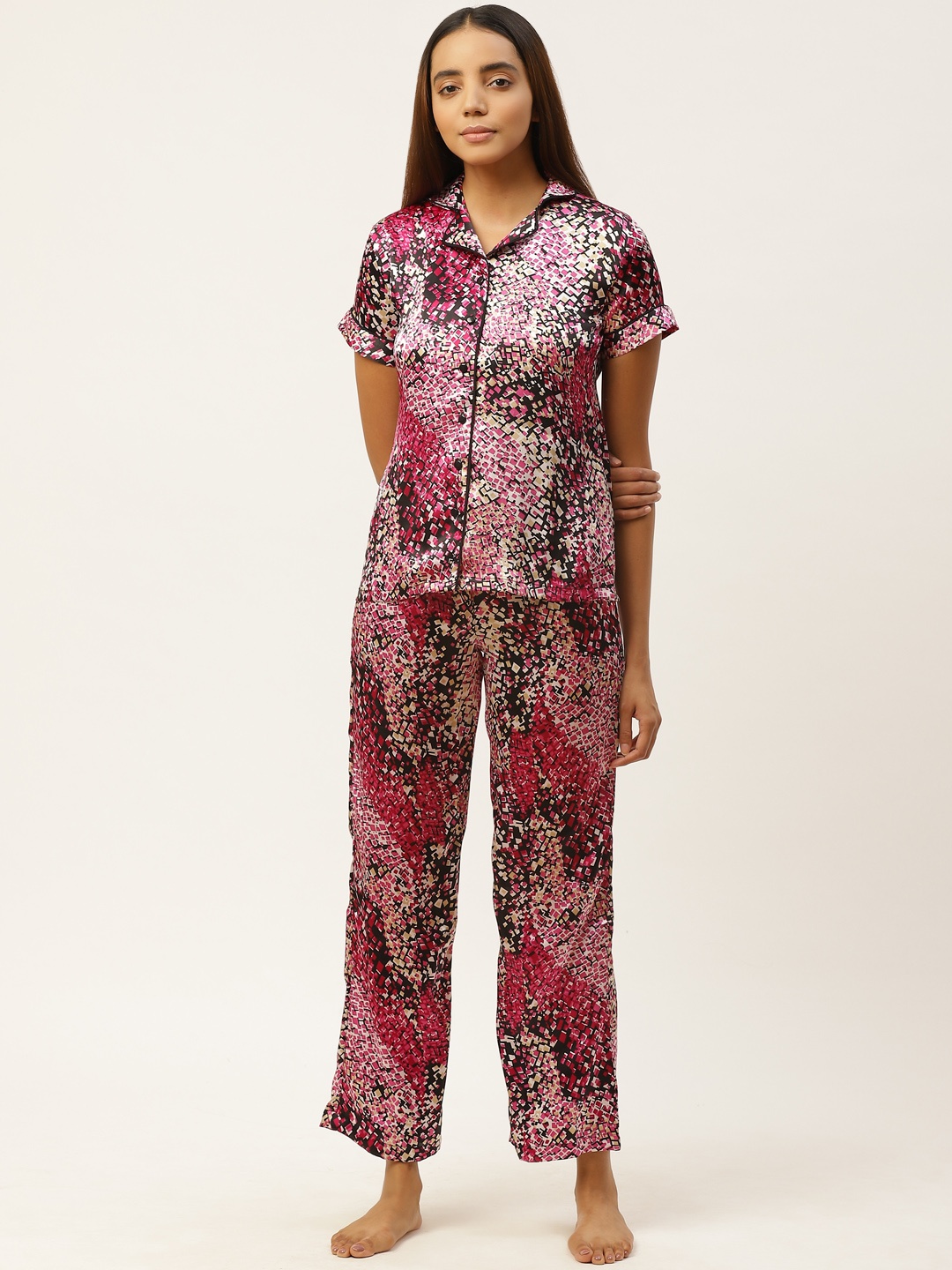

Cottinfab Women Pink & Black Geometric Print Night suit
