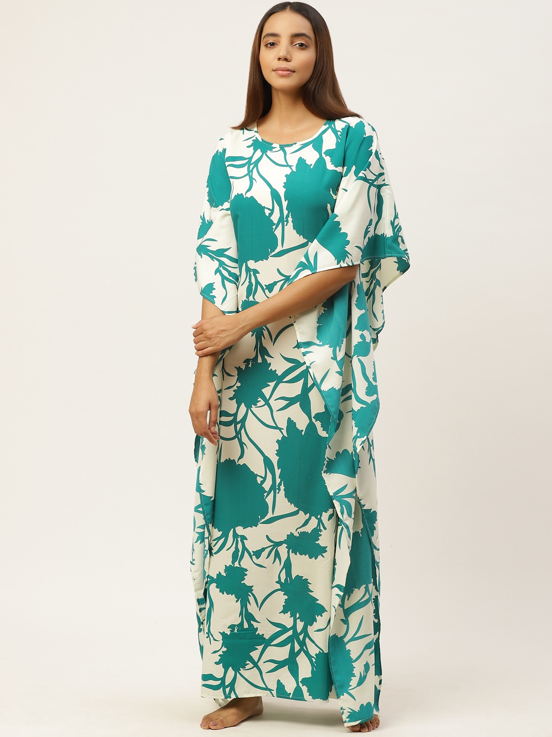 

Cottinfab Green & Off-White Floral Print Kaftan Maxi Nightdress