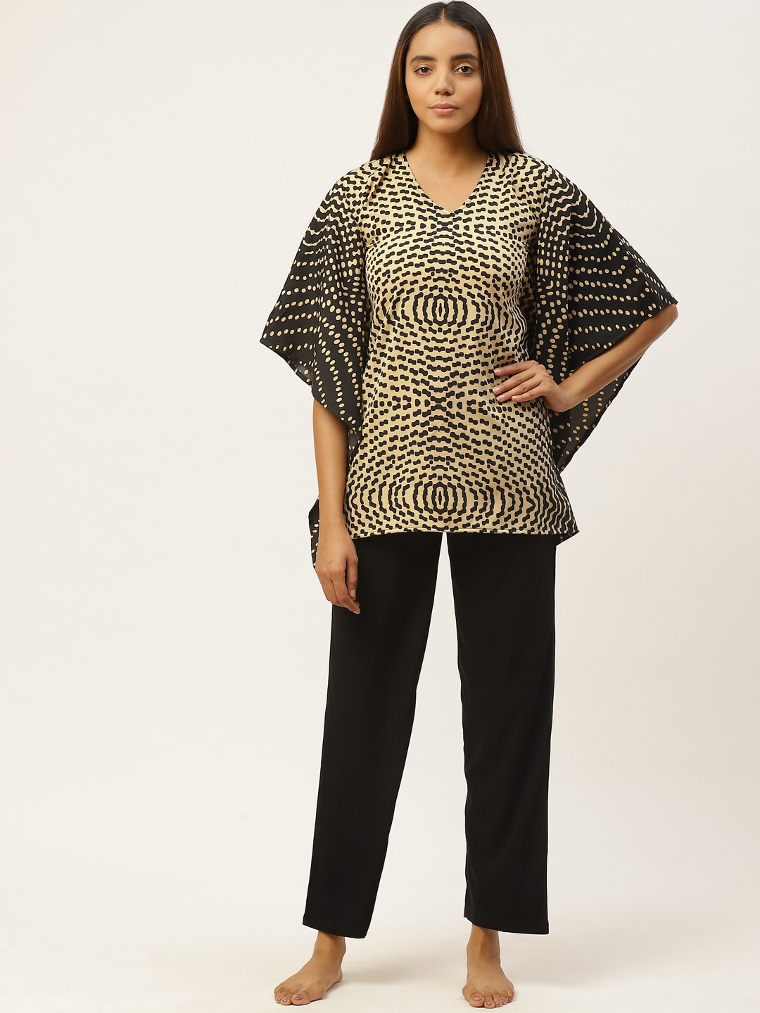 

Cottinfab Women Black & Beige Printed Kaftan Night Suit