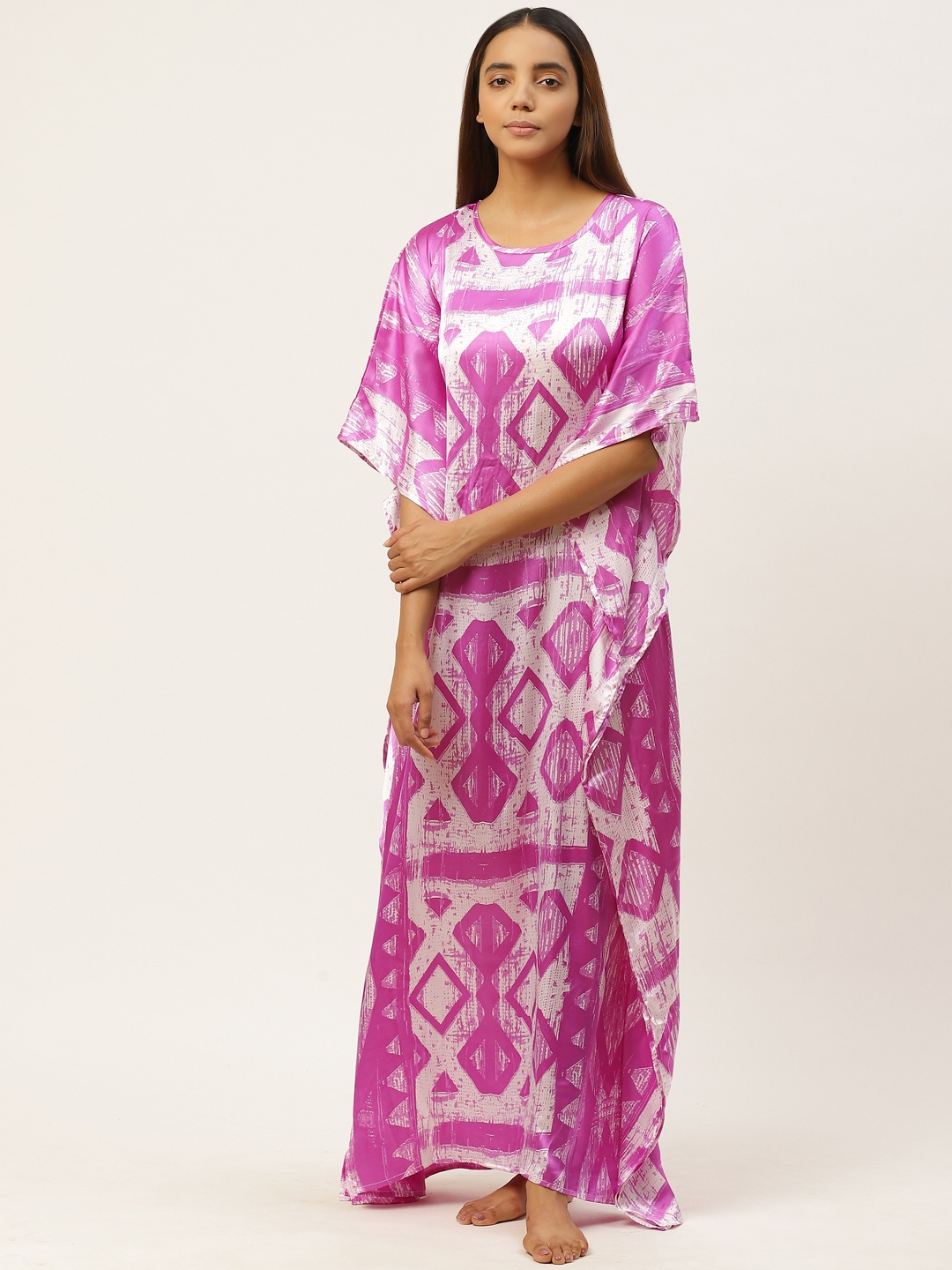

Cottinfab Pink & White Geometric Print Kaftan Maxi Nightdress
