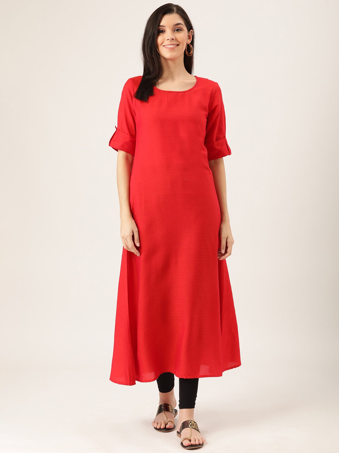 

Prakrti Women Red Sef-Design A-Line Kurta With Schiffli Embroidered Ethnic Jacket