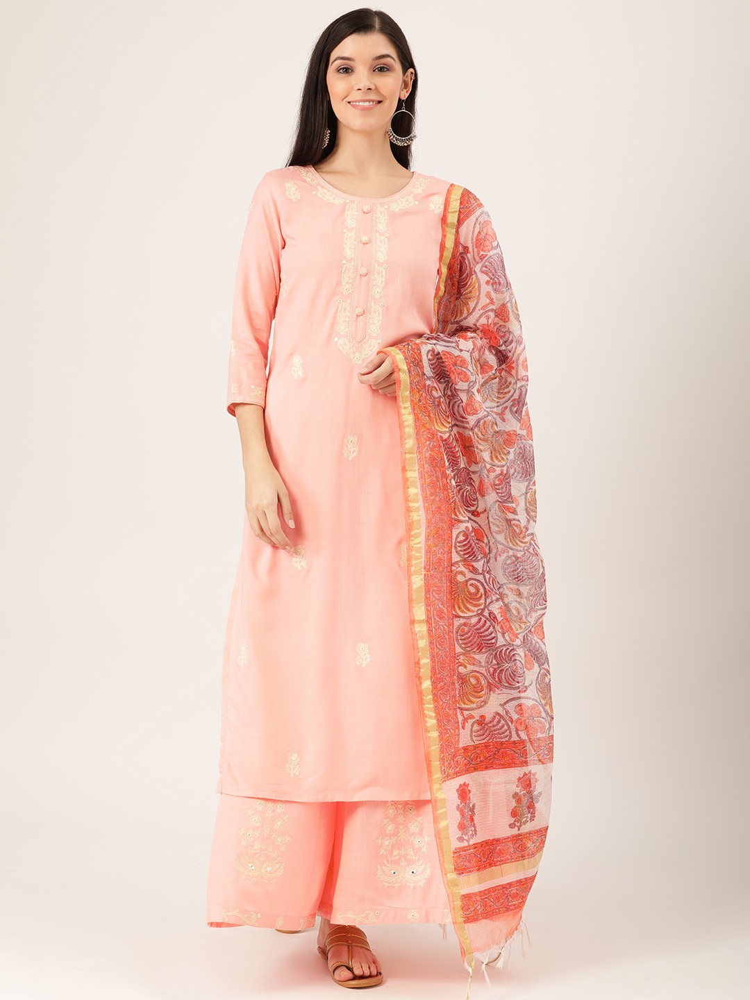

Prakrti Women Peach-Coloured Printed Kurta with Palazzos & Dupatta