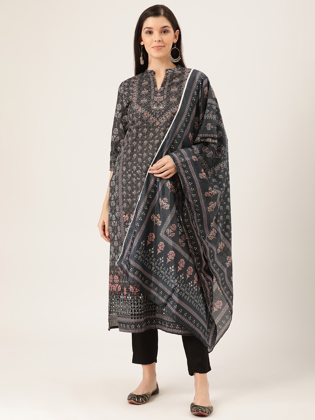 

Prakrti Women Charcoal Grey & Black Embroidered Kurta with Trousers & Dupatta