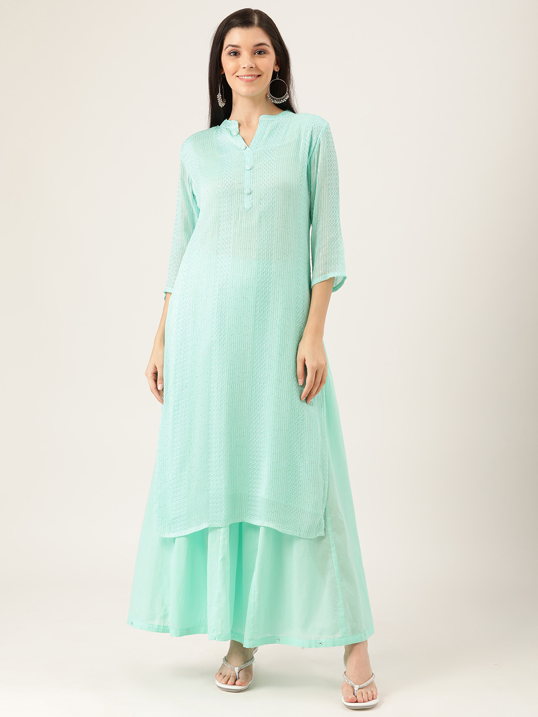 

Prakrti Women Sea Green Self-Design Kurta with Palazzos