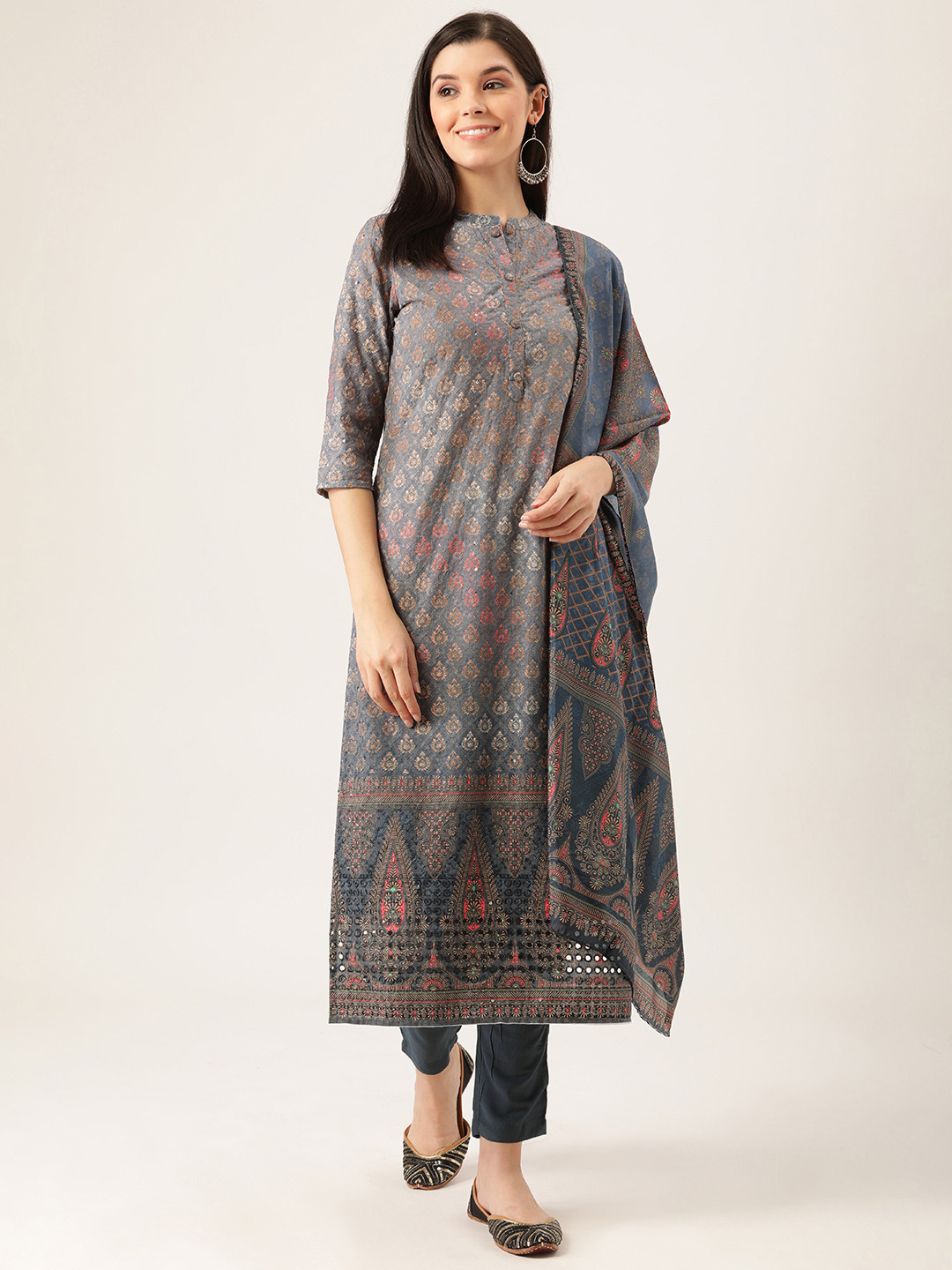 

Prakrti Women Grey & Blue Embroidered Kurta with Trousers & Dupatta