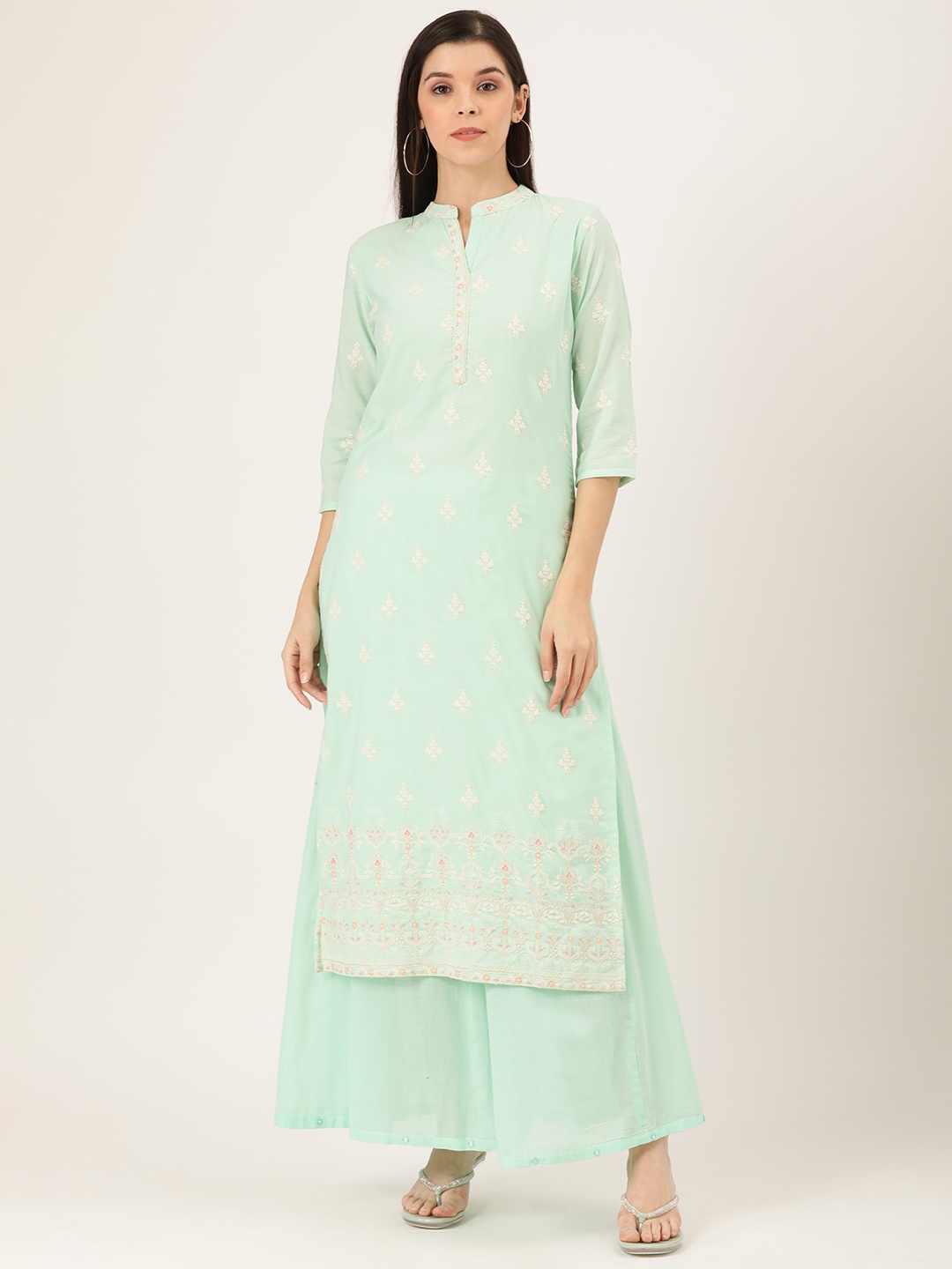 

Prakrti Women Sea Green & White Embroidered Kurta with Palazzos