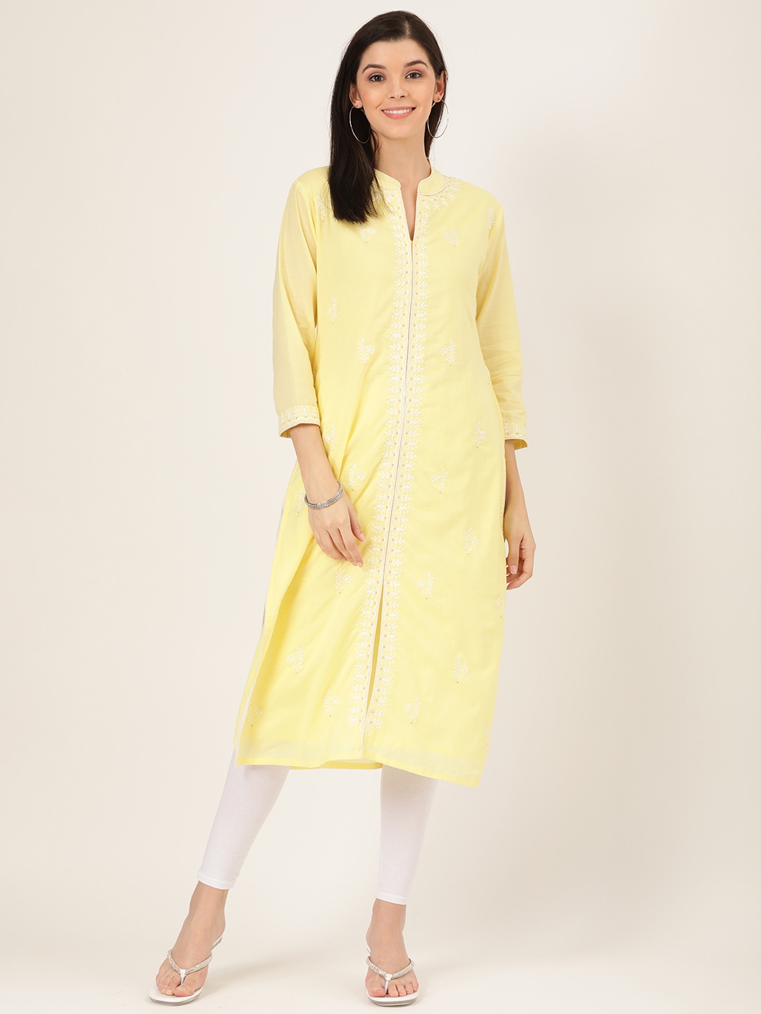 

Prakrti Women Yellow & White Chikankari Embroidered Straight Kurta