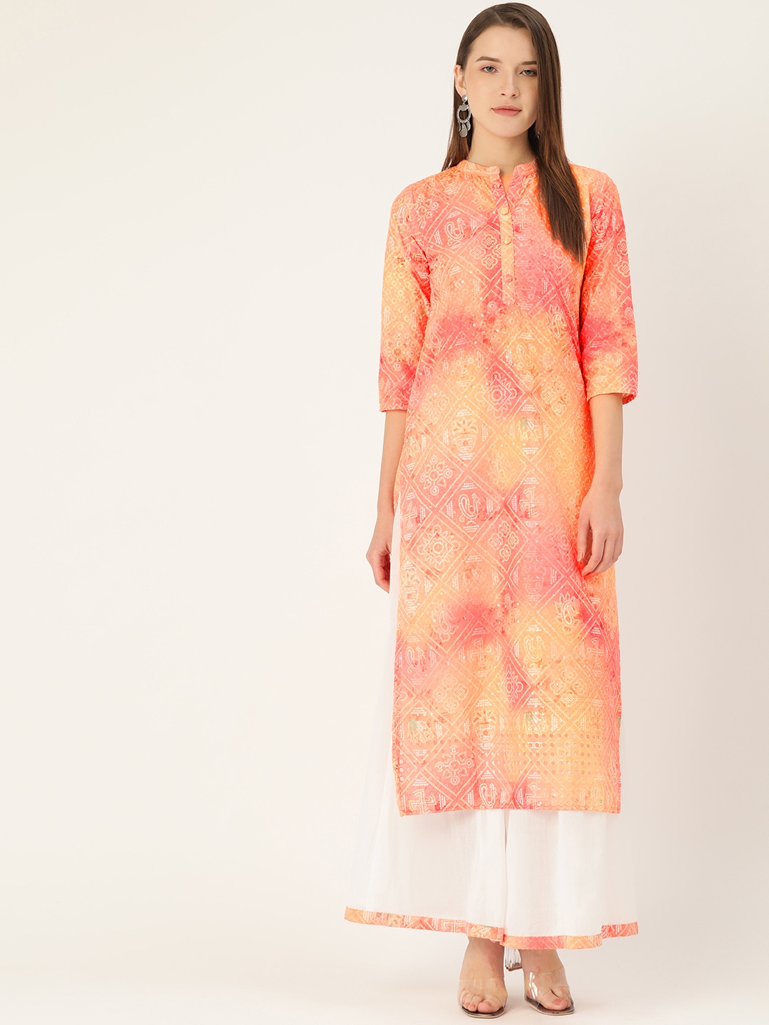 

Prakrti Women Peach-Coloured & Orange Bandhani Print Schiffli Kurta with Palazzos