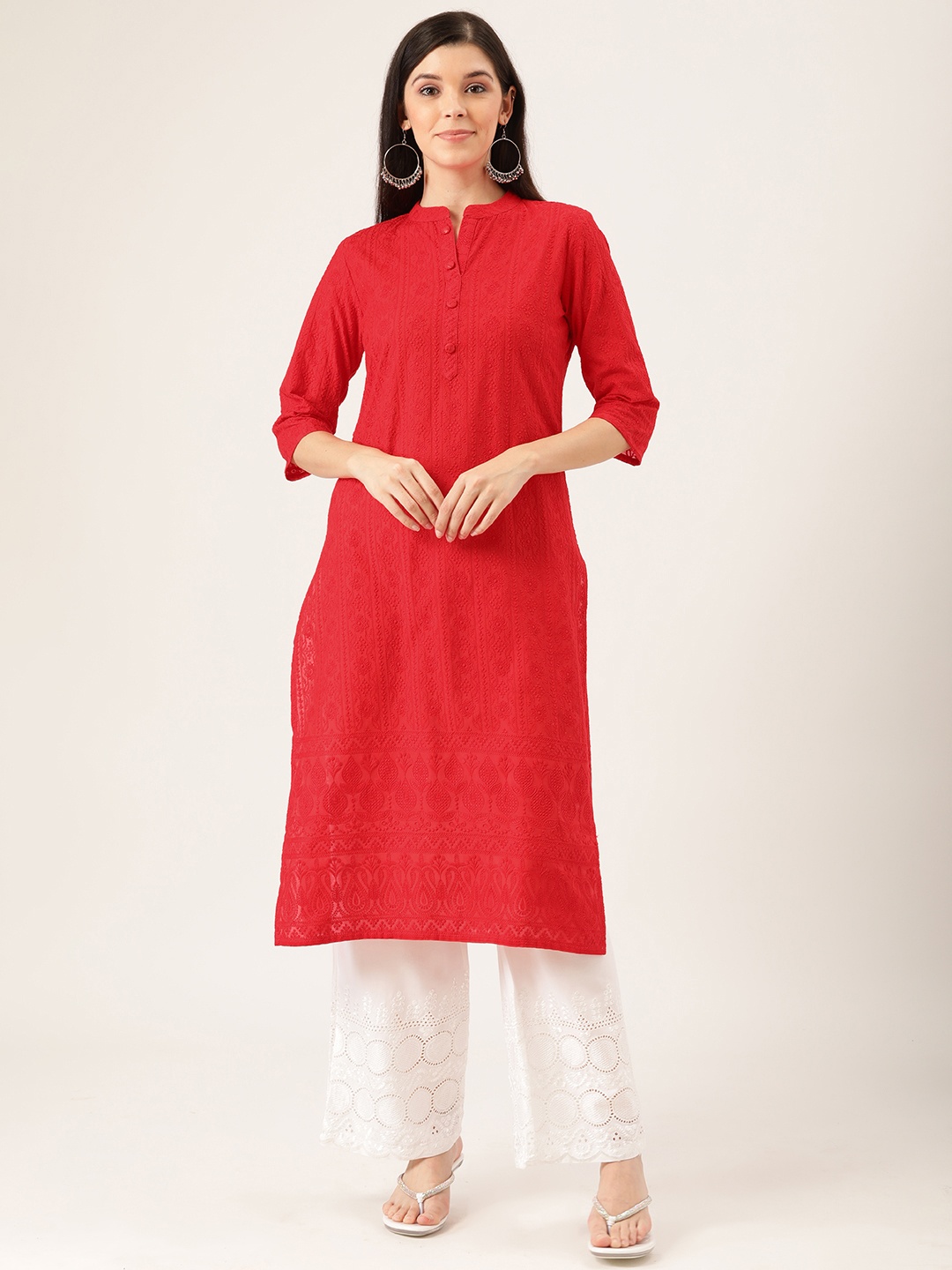 

Prakrti Women Red & White Ethnic Chikankari Embroidered Kurta with Palazzos