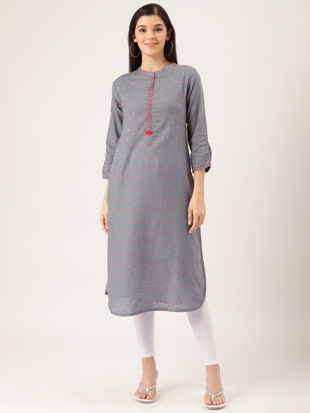 

Prakrit Women Charcoal Grey & Pink Floral Booti Printed Straight Kurta