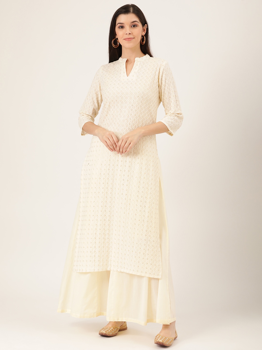 

Prakrti Women Cream-Coloured Embroidered Kurta with Palazzos