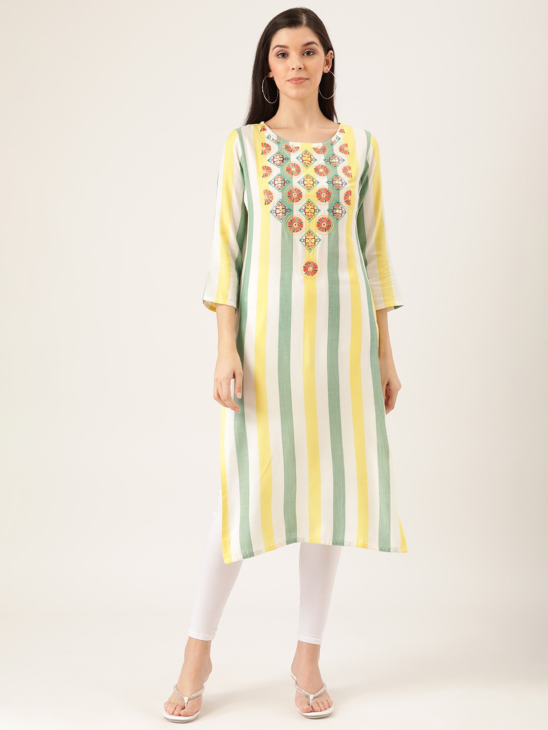 

Prakrti Women White & Yellow Ethnic Embroidered Detail Striped Straight Kurta